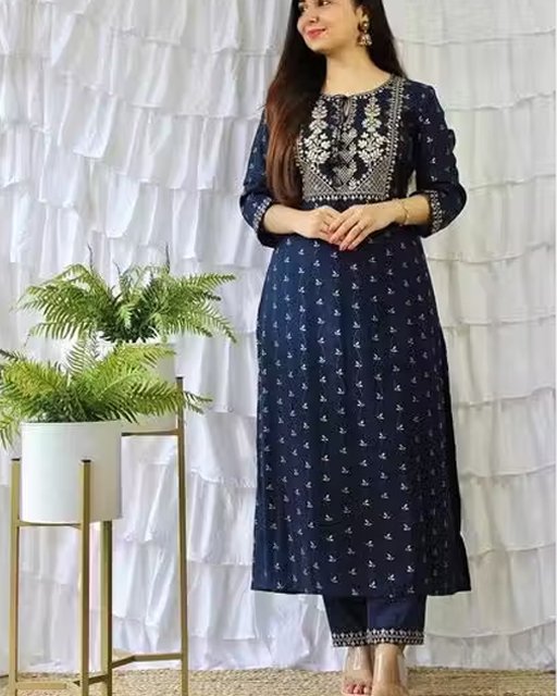 A.B.Creation Latest Stylish Rayon Beautiful Blue Kurti and Pant