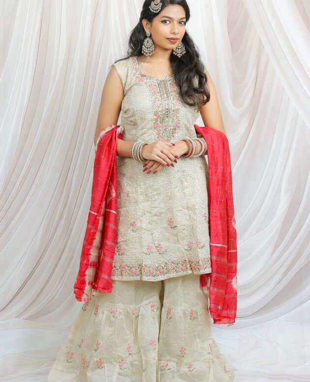 Premium Embroidered Grey Kurta With Sharara And Dupatta