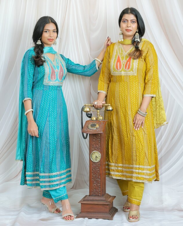 Mustard Yellow Embroidered  Bandhani Printed Anarkali Set & Turquoise Blue Embroidered Bandhani Printed Anarkali set
