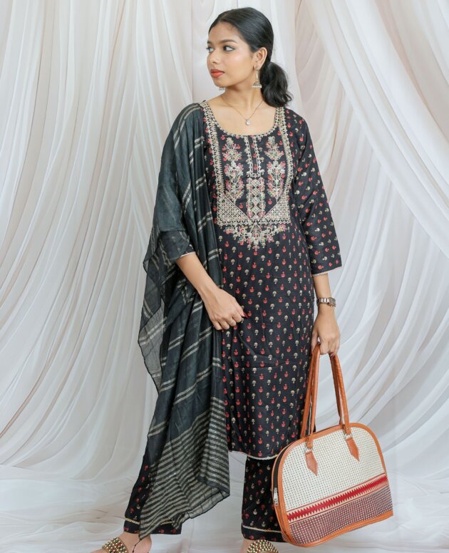 Elegant Black Printed & Embroidered Kurta Set with Dupatta
