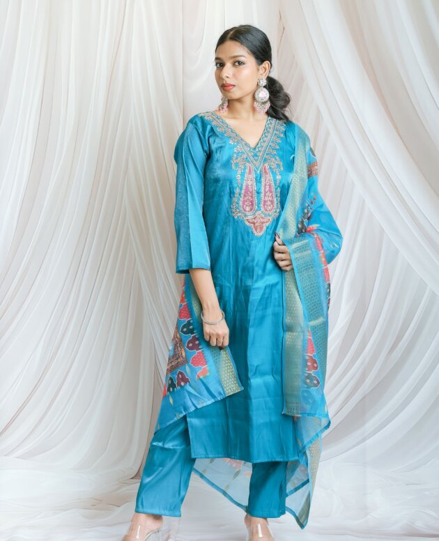 Elegant Teal Blue Embroidered Kurta Pant Dupatta Set
