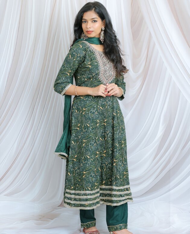 Emerald Green Printed Anarkali Set with Intricate Embroidery