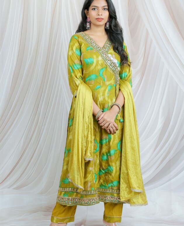 Angrakha-style  Lime Green Anarkali suit