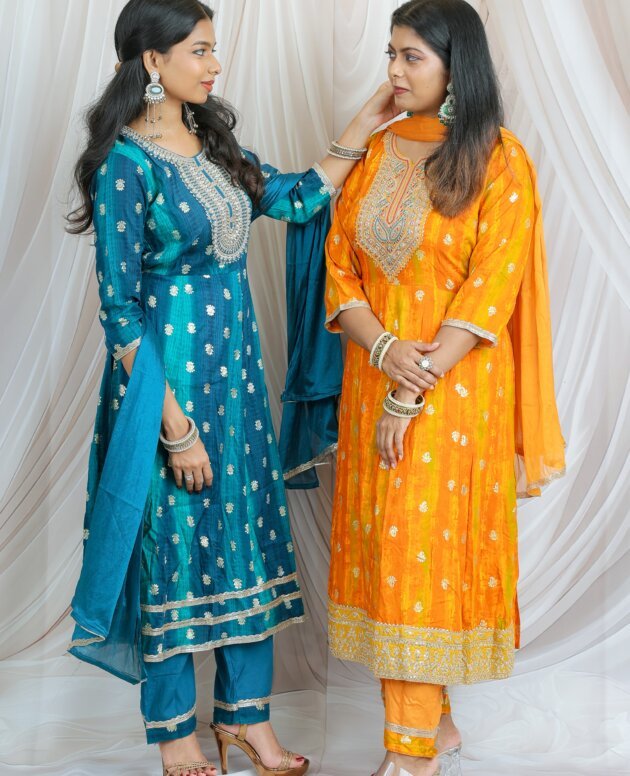 Teal Blue Embroidered Anarkali Kurta Set & Yellowish Orange Embroidered Anarkali Kurta Set