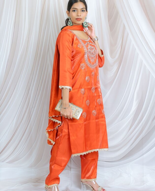 Orange Embroidered Viscose Chanderi Straight Kurta Set with Dupatta