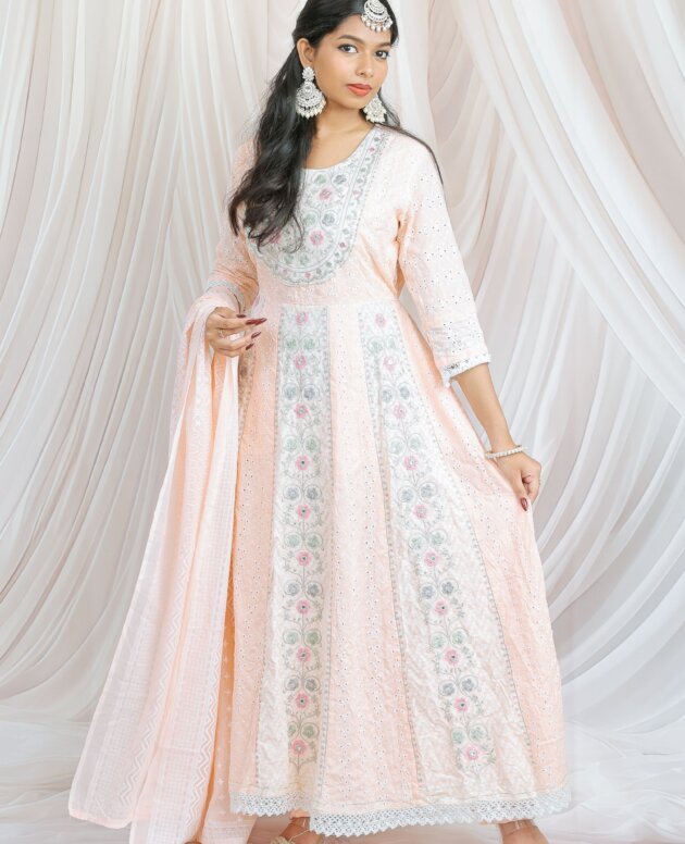 Peach embroidered Anarkali with dupatta, perfect for festive wear.