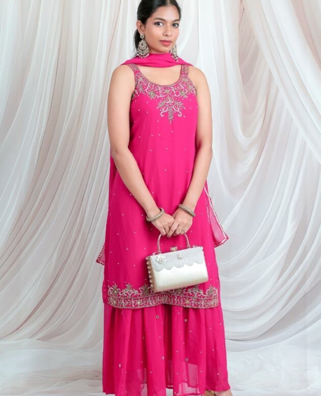 Party Wear Fuchsia Pink Embroidered Kurta Set with Sharara & Dupatta