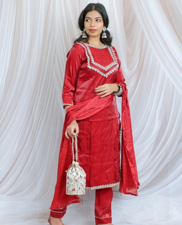 Elegant Premium Silk Red Straight Suit Set