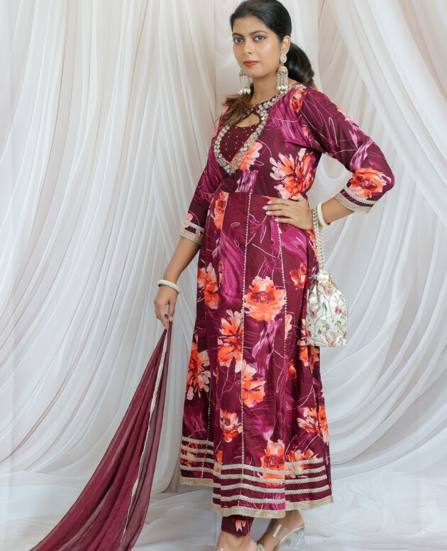Wine Purple Floral Anarkali Set With Gota Patti Highlights