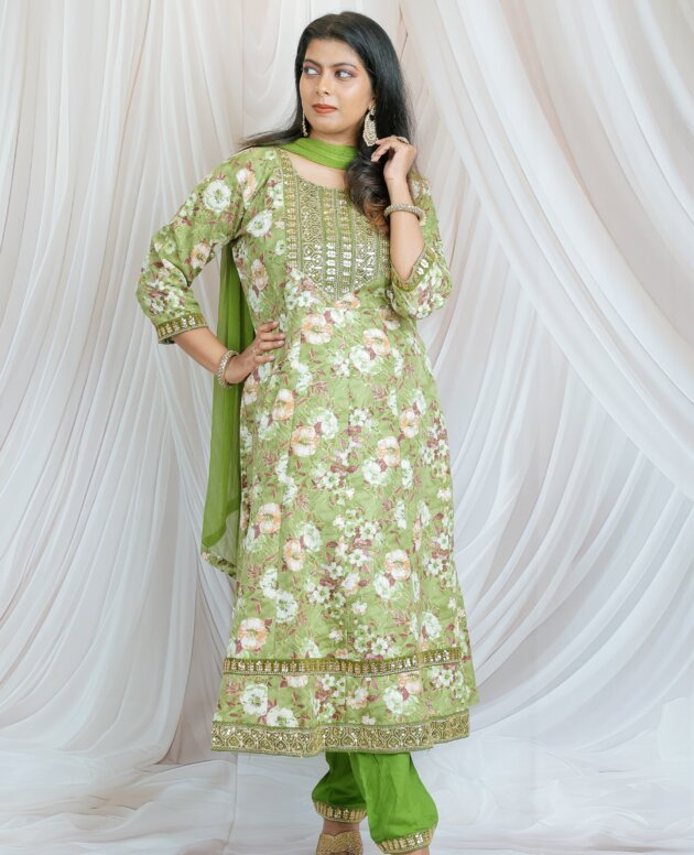Green Floral Print Embroidered Anarkali Set