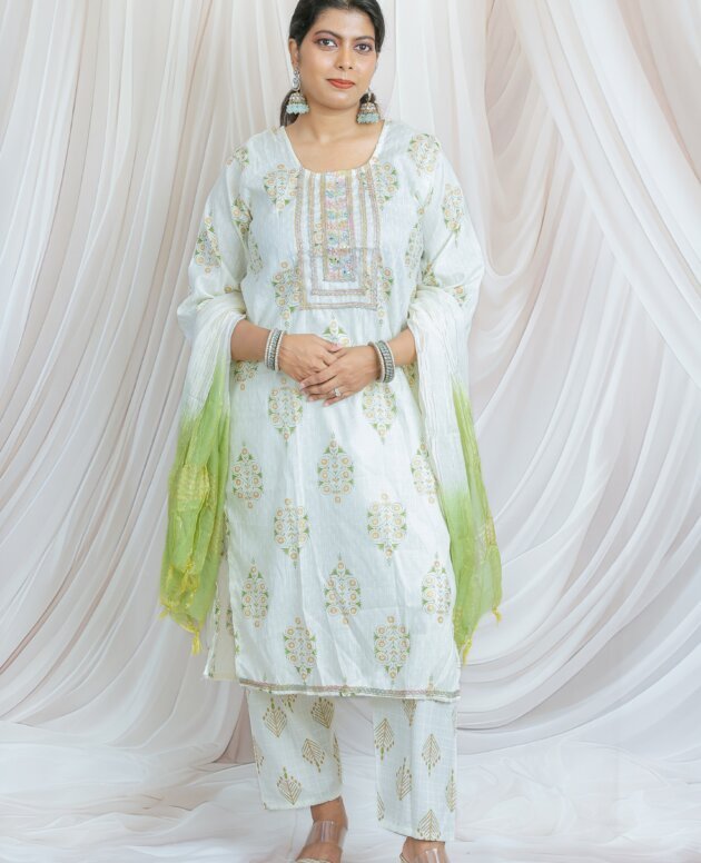 Elegant Off-white & Mint Green Straight Kurta Set