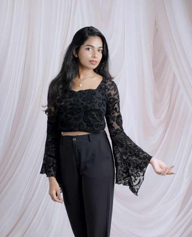 Black Floral Damask Mesh Crop Top With Flared Bell Sleeves