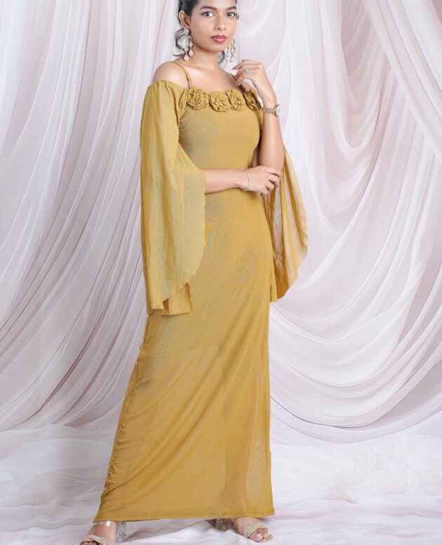 Antique Mustard Cold Shoulder Maxi Dress