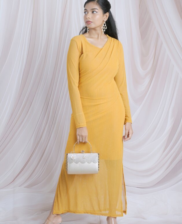 Elegant Yellow Shimmery Draped Maxi Dress