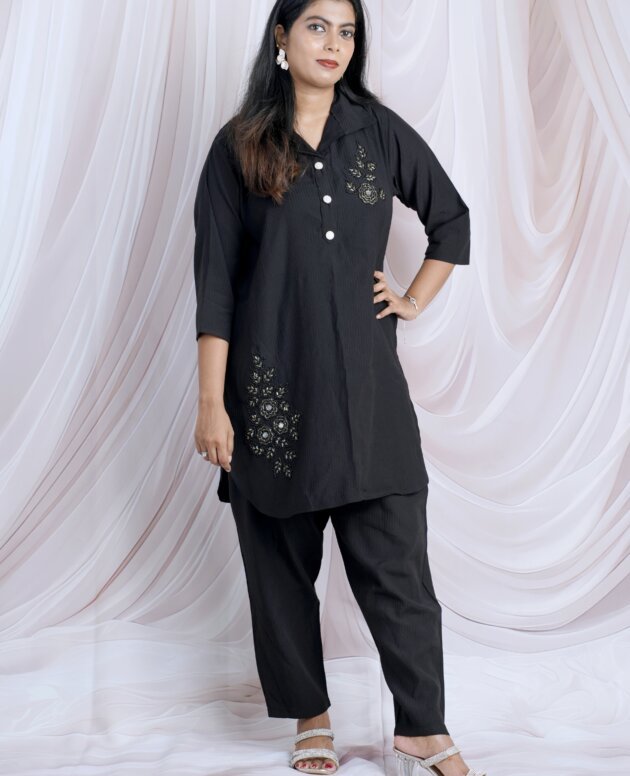 Black Co-ord Set With Delicate Embroidery & Coral Co-ord Set With Delicate Embroidery