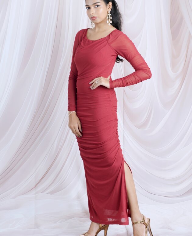 Crimson Red Ruched Mesh Maxi Dress