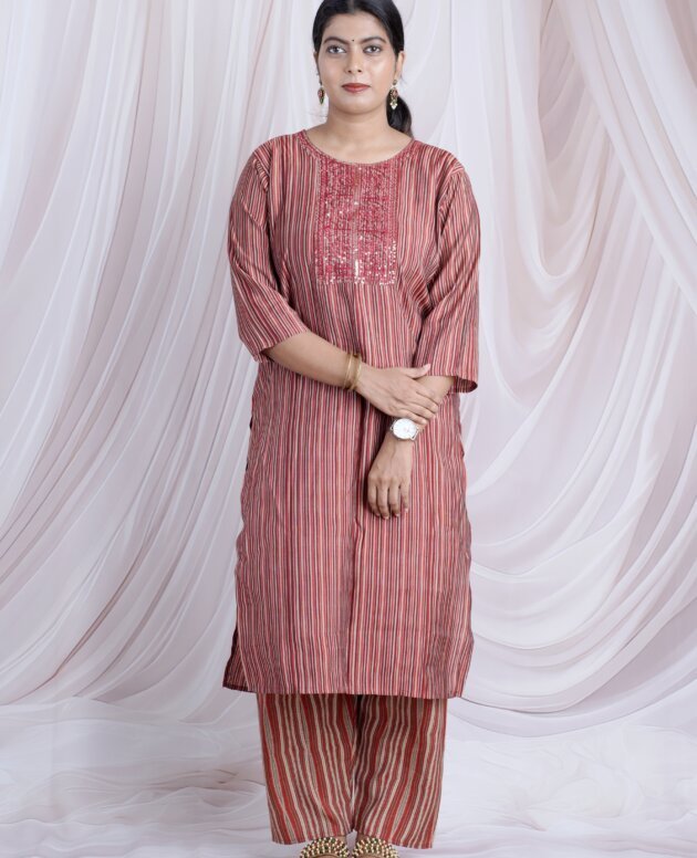 Earthy Rust Striped kurta  Set With Embroidered Yoke