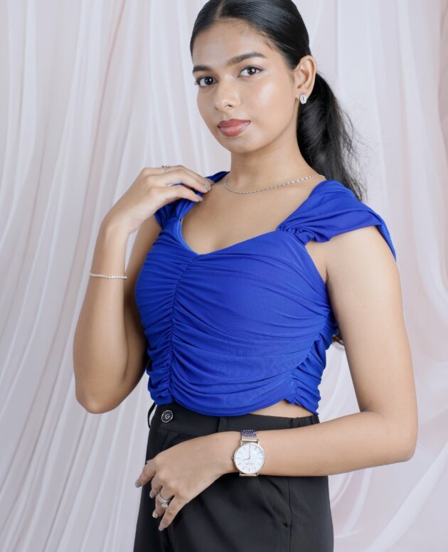 Royal Blue Ruched Cap Sleeve Crop Top