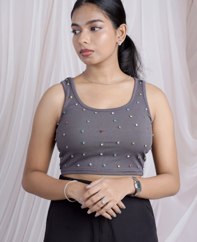 Rhinestone Embellished Rib-Knit  Tank Crop Top