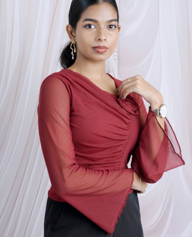 Deep Red  Mesh Ruched  Top With Rosette And Bell Sleeves