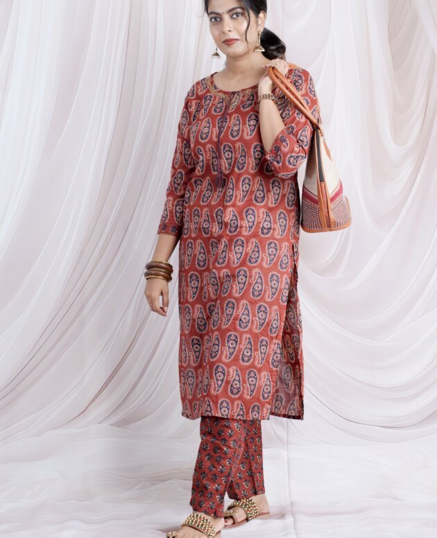 Rust Maroon Paisley Printed Cotton Kurta Set