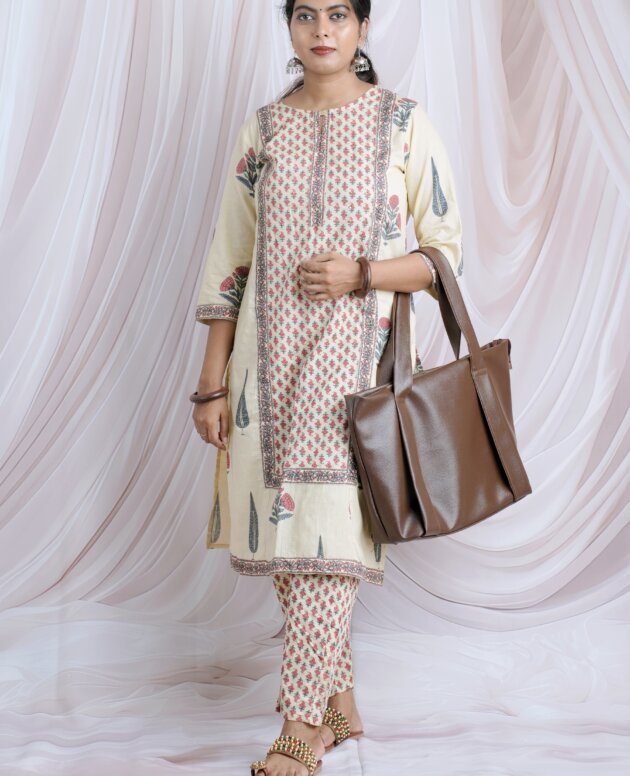 Elegant Cream Floral Block Print Cotton Kurta Set