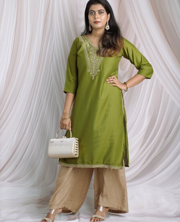 Olive Green Embroidered V-Neck Chanderi Kurta