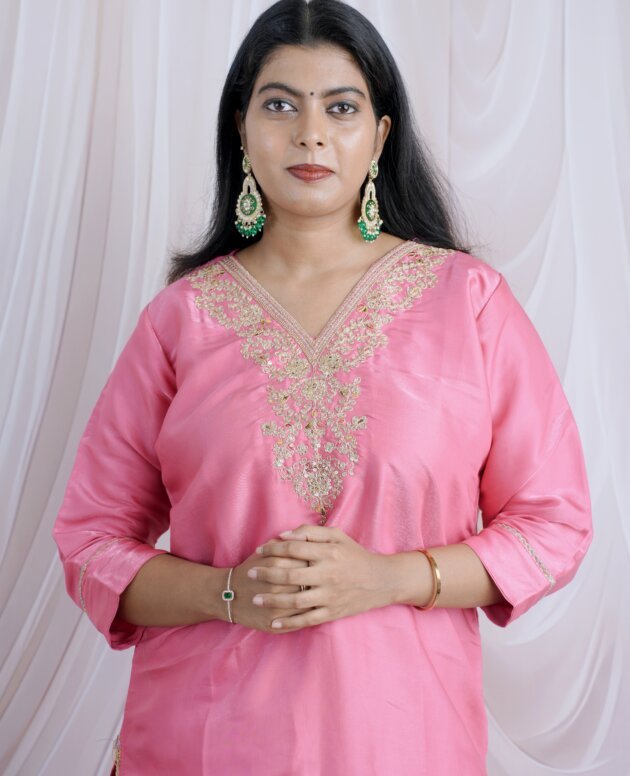 Gulabi Rose Embroidered V-Neck Chanderi Silk Kurta