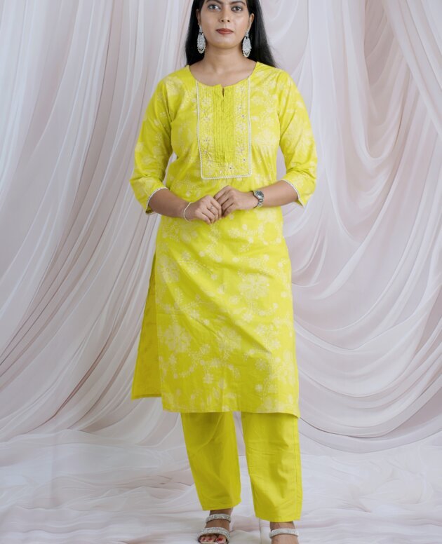 Lime Green Floral Print Embroidered Neck Cotton Kurta Set