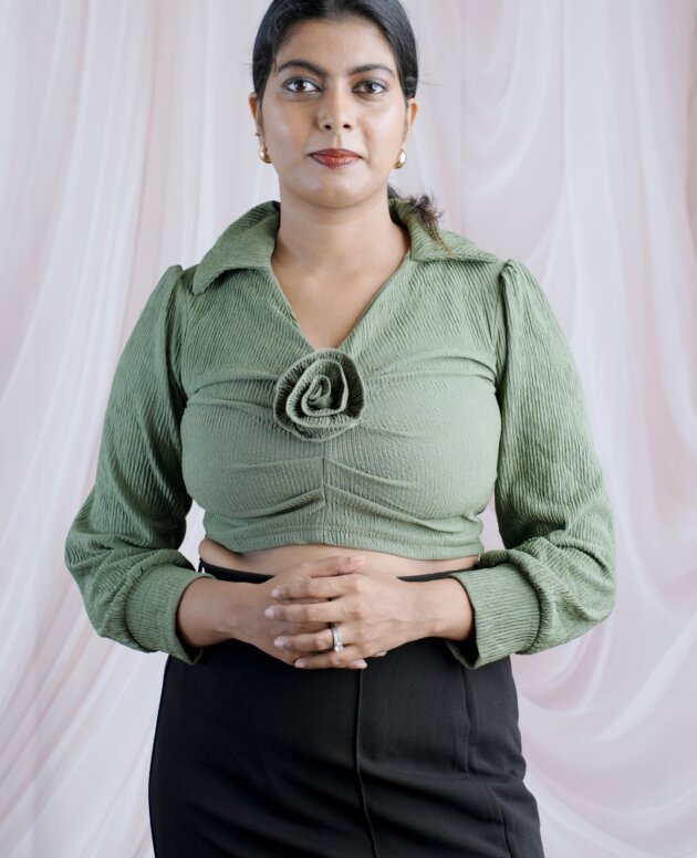 The Rosette Collared Sage Green Crop Top