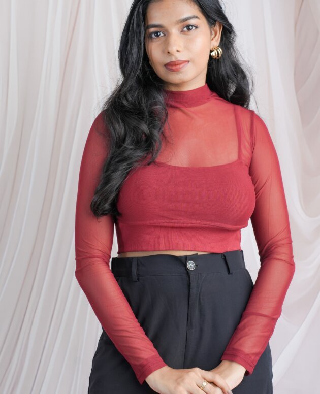Wine Red Sheer Mesh High- Neck Crop Top With Inner Lining
