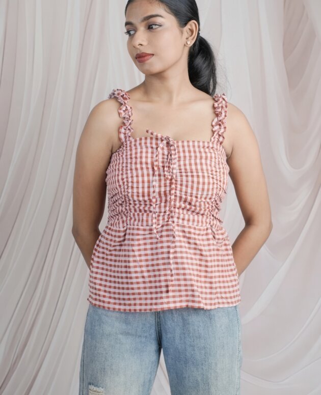 Gingham Ruffled Peplum Summer Top In Rust & White