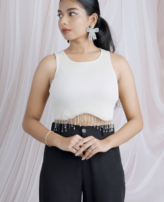 Elegant  Rhinestone Tassel Trim Crop Top In Off-White